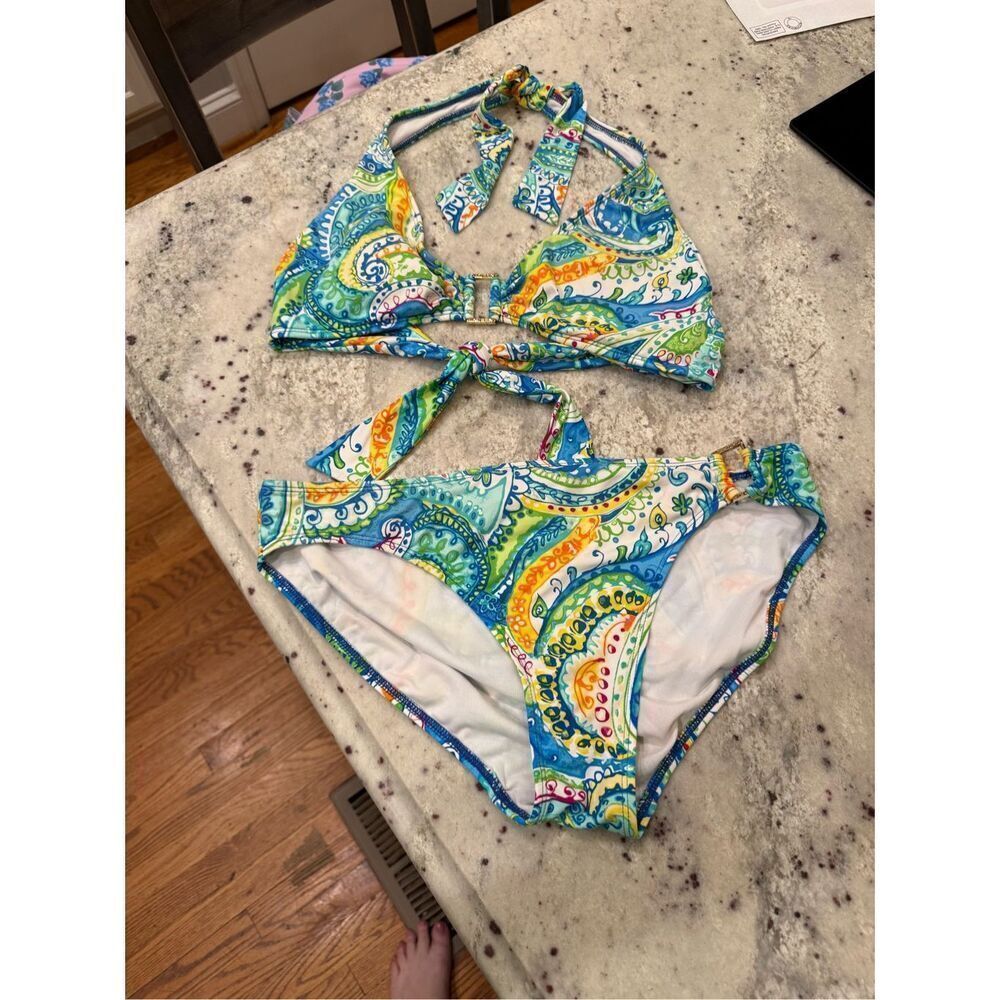Lauren Ralph Lauren Blue & Yellow Print Gold Clasp Bikini Set sz 12 EUC